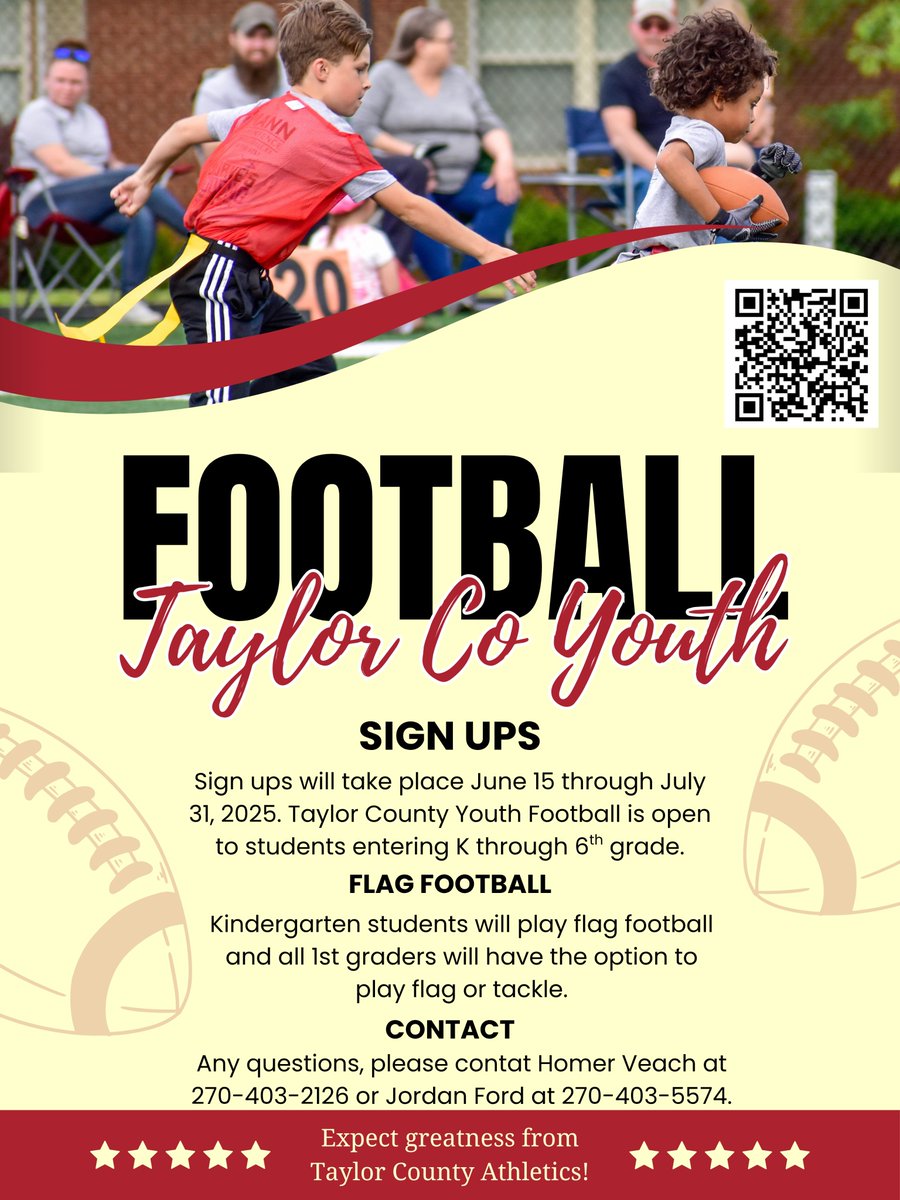 TC_Schools_KY's tweet photo. πππππ π
πππππππ sign-ups are NOW open! Students entering grades kindergarten through 6th can sign up!
TO SIGN UP: Scan the QR code or visit https://t.co/GEm0M1Oony
Contact Homer Veach or Jordan Ford with any questions!
#tcpride #gocards #tcyouthfootball #tcmade https://t.co/37nTCfaHfk