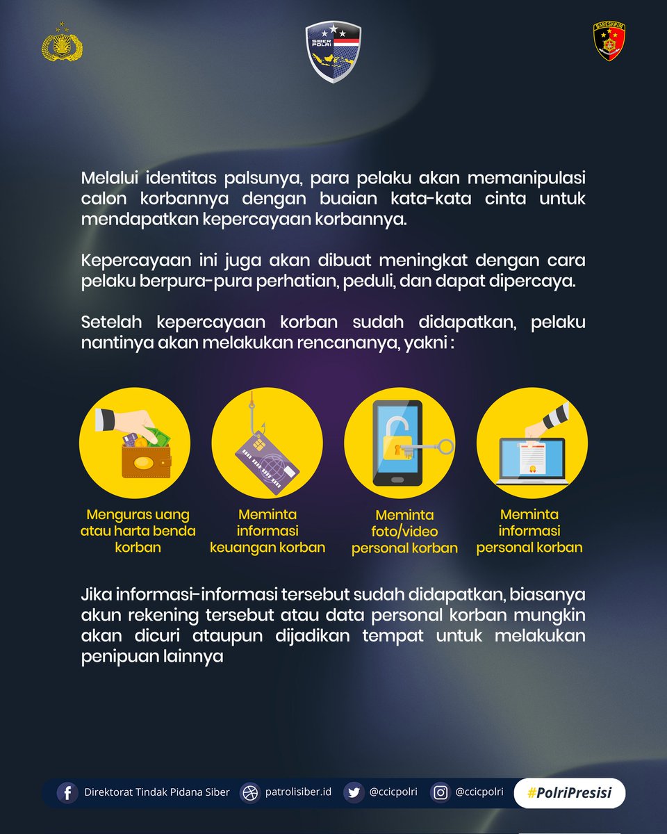 CCICPolri's tweet photo. Love scamming adalah salah satu modus kejahatan yang sudah sering terjadi terutama pada aplikasi kencan online
Modus kejahatan ini kebanyakan mengintai para korban yang lengah dan mudah di manipulasi melalui pesan-pesan romantis
#PolriPresisi #SalamPresisi #LoveScamming https://t.co/ECCCuki0EW