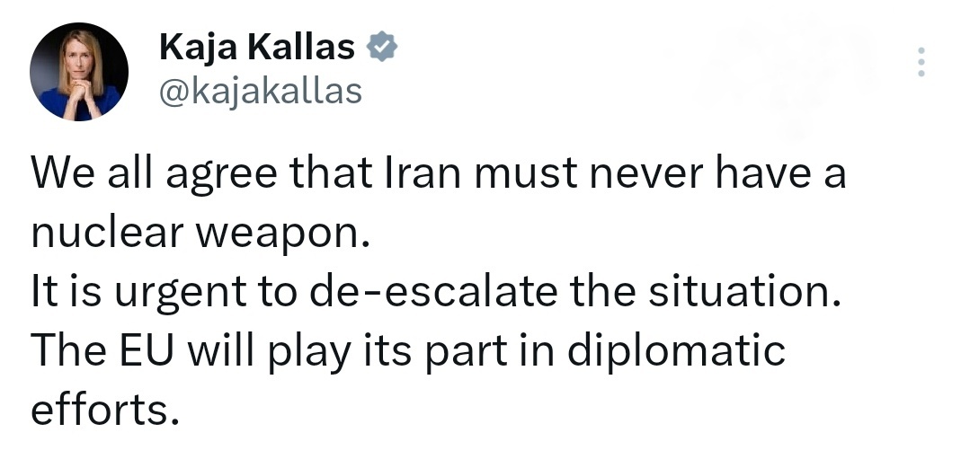Esmaeil Baqaei (@irimfa_spox) on Twitter photo Madam <a href="/kajakallas/">Kaja Kallas</a>, Please stop acting as the aggressor's apologist.
How can you express concern over Iran's peaceful program that is under the most robust IAEA's inspections and ignore the fact that Israeli regime has a huge arsenal of #NuclearWeapons?!
Iran has never sought Madam <a href="/kajakallas/">Kaja Kallas</a>, Please stop acting as the aggressor's apologist.
How can you express concern over Iran's peaceful program that is under the most robust IAEA's inspections and ignore the fact that Israeli regime has a huge arsenal of #NuclearWeapons?!
Iran has never sought