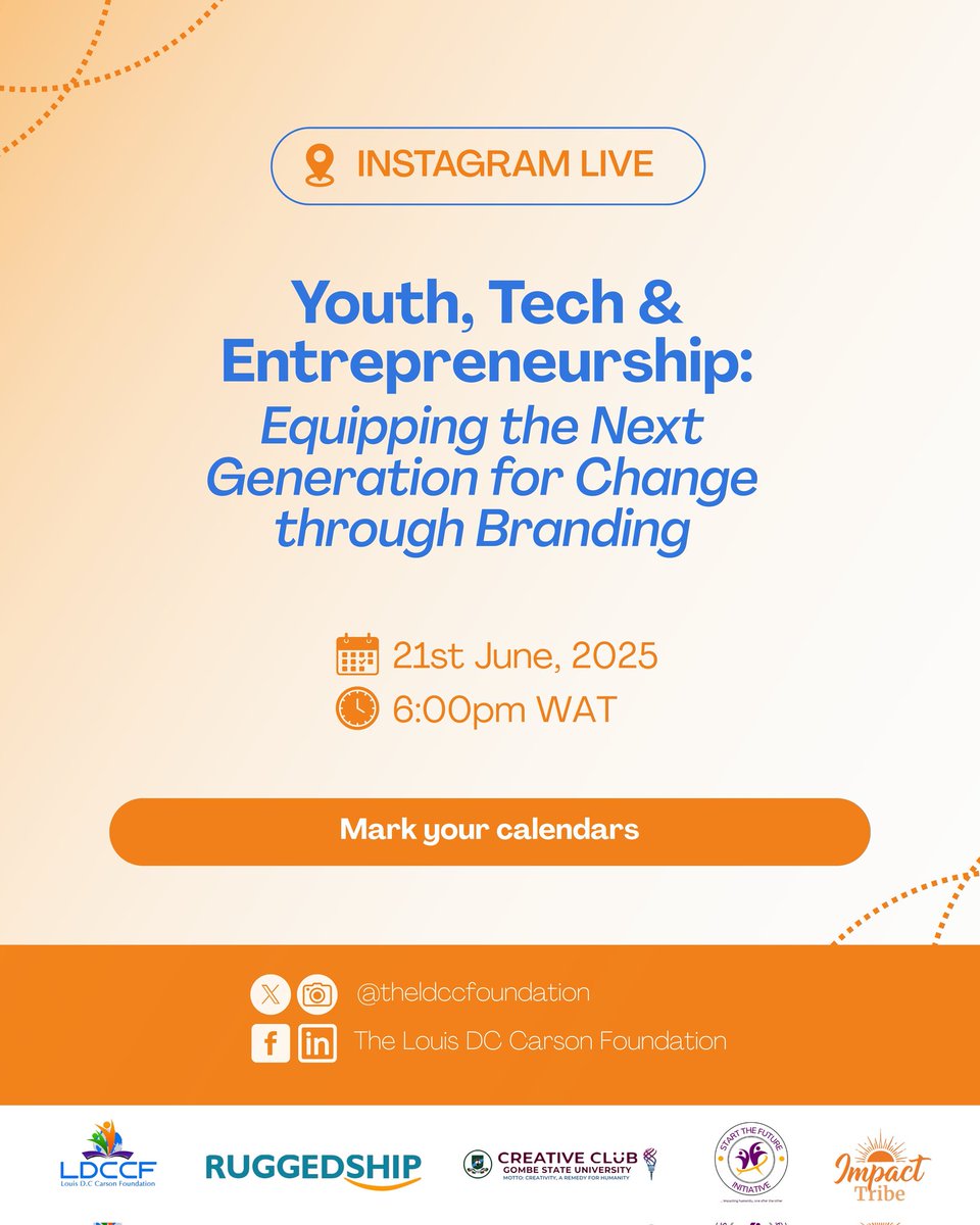 ldccfoundation's tweet photo. IT’S TIME TO LEVEL UP!

LDCCF is super excited to present: Youth, Tech &amp; Entrepreneurship: Equipping the Next Generation for Change through Branding!

Mark your calendars for June 14th, 2025, at 6PM and get ready for an epic IG Live session! https://t.co/D69Vg0tF7O