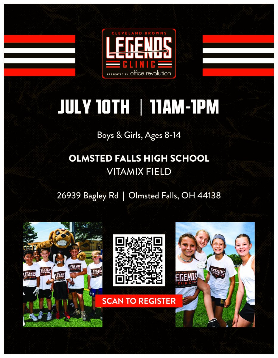 OFfootball1's tweet image. Please join us for the Cleveland Browns Legends clinic at Olmsted Falls Vitamix Field. Scan below to register for free.