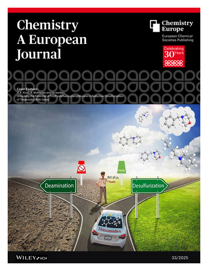 ChemEurJ's tweet photo. #CoverFeature Unlocking the Potential of Tris(Pentafluorophenyl)Borane in Reductive Desulfurization of Thioamides With Silane (Arup Mukherjee and co-workers) Chem. Eur. J. 33/2025 https://t.co/hkKrsLYe0b • https://t.co/5w1Qj3k93a https://t.co/MgBMzYAaZX