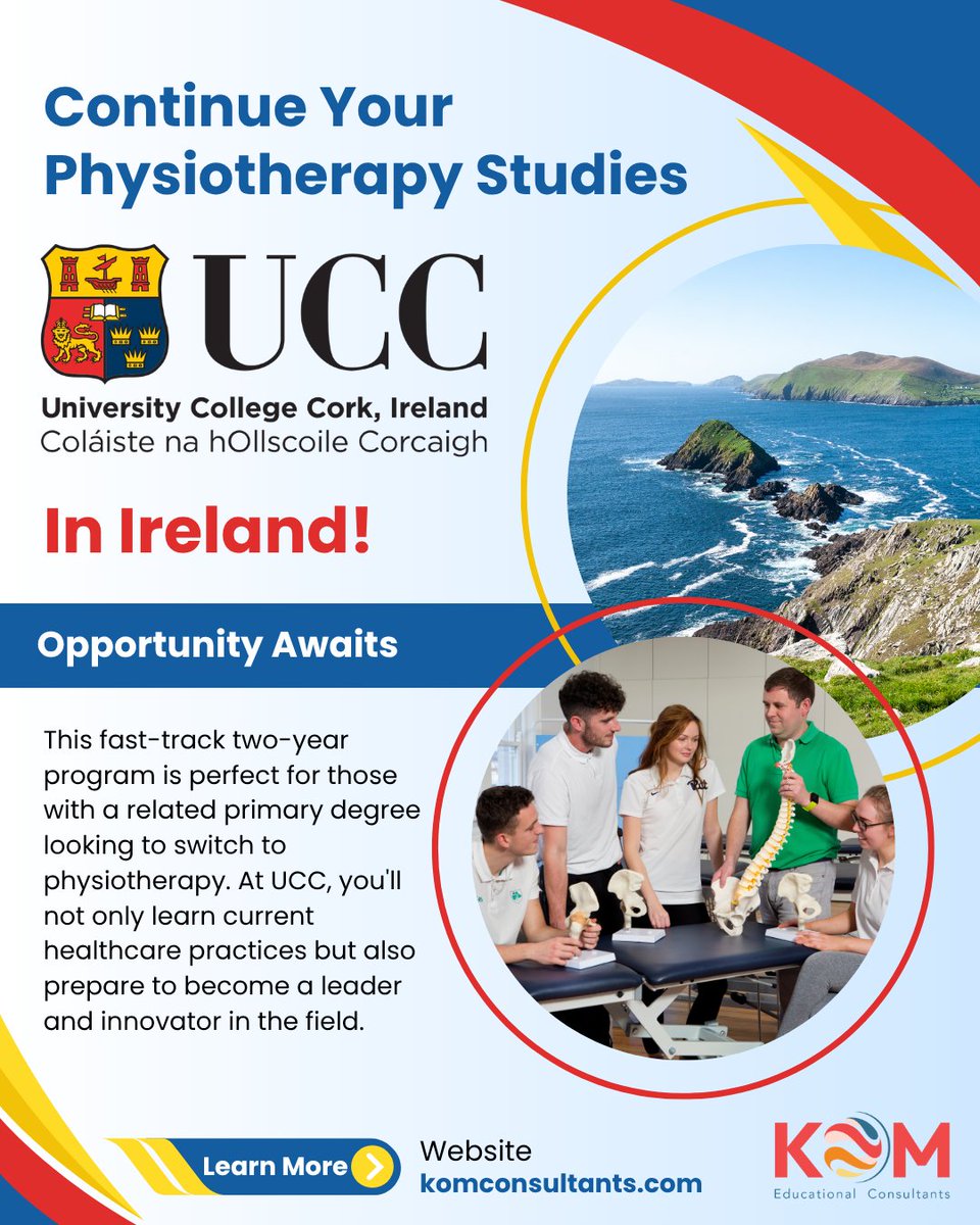 Check out the MSc #Physiotherapy (Pre-Registration) at <a href="/UCC/">UCC Ireland</a>, Ireland! 🇮🇪
This fast-track 2-year program is ideal for those with a related degree. Learn anatomy, physiology, and biomechanics, and become a leader in healthcare. #ApplyNow🔗
komconsultants.com/courses/physio…