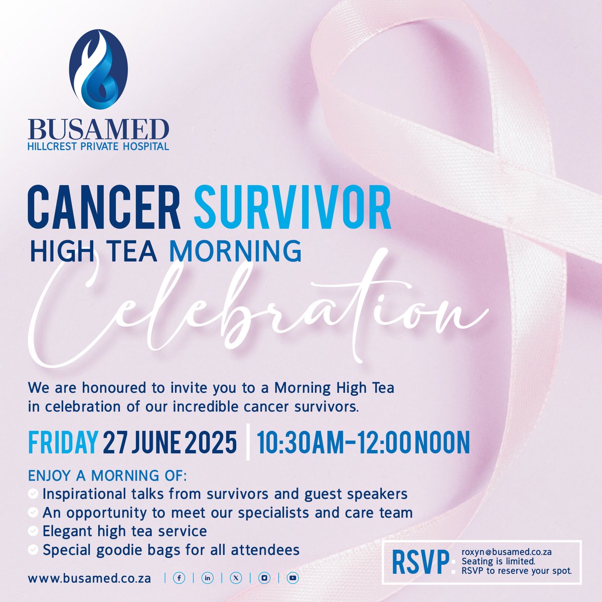 A Morning of Hope, Strength &amp; Tea - Join us as we honour the journeys of our brave cancer survivors at a heartfelt High Tea Morning. Be inspired by survivor stories and guest speakers. #Busamed