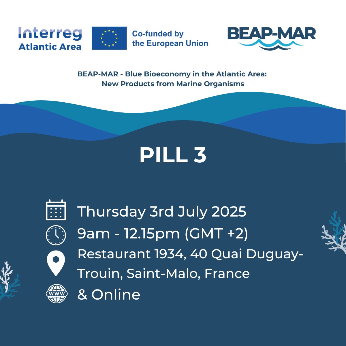 Join us for BEAP-MAR Pill-3 on 3rd July for a workshop filled with exciting and insightful discussions about blue bioeconomy and the progress to date with the BEAP-MAR project.

This hybrid event will be in person (Saint Malo, France) &amp; online.

Register: beap-mar.eu/pill-3-july-20…
