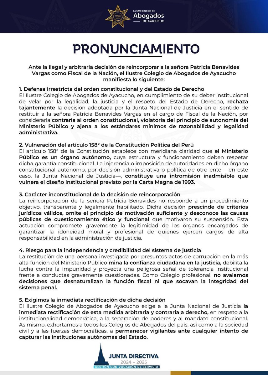 infopaispe's tweet image. #AYACUCHO | El Colegio de Abogados d Ayacucho rechaza la reincorporación d Patricia Benavides como Fiscal d la Nación. Califican la medida de ilegal e inconstitucional, pues vulnera la autonomía del MP y pone en riesgo la independencia judicial. Exigen su rectificación inmediata.