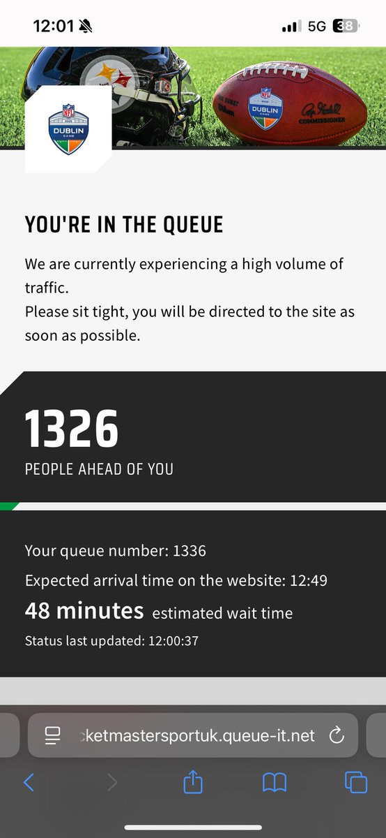 Javi_Portu's tweet photo. @nfluk_tickets It happened to me as well, but then if you close it and go back to your account, you could access the site to buy the tickets.

I was 1336 in the queue, when I managed to get in, only 150€+ tickets available, I went to search for a different price and the website kicked me out https://t.co/pRwW3N4zCE