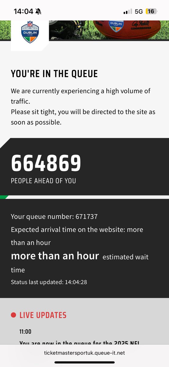 Javi_Portu's tweet photo. @nfluk_tickets It happened to me as well, but then if you close it and go back to your account, you could access the site to buy the tickets.

I was 1336 in the queue, when I managed to get in, only 150€+ tickets available, I went to search for a different price and the website kicked me out https://t.co/pRwW3N4zCE