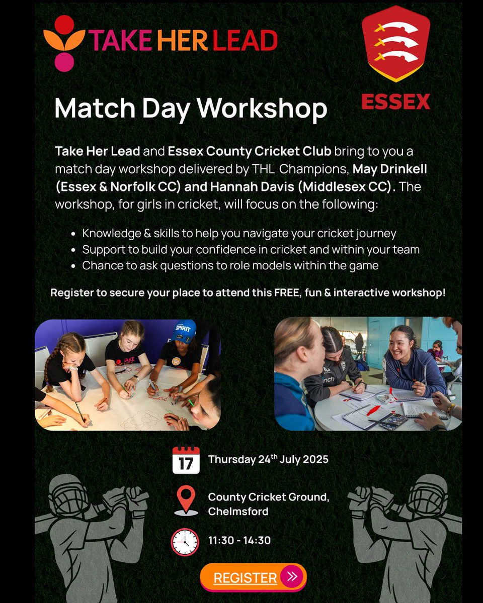 Essex Cricket in the Community (@essexccb) on Twitter photo 𝗖𝗿𝗶𝗰𝗸𝗲𝘁 𝗪𝗼𝗿𝗸𝘀𝗵𝗼𝗽 𝗳𝗼𝗿 𝗚𝗶𝗿𝗹𝘀
On Thursday 24th July when <a href="/EssexWomen/">Essex Women's Cricket 🏏</a> take on Somerset <a href="/TakeHerLead/">Take Her Lead</a> are running 🆓 workshops for girls aged 11-15
Register here 👉 eu.jotform.com/build/25161215…
🦅#FlyLikeAnEagle 𝗖𝗿𝗶𝗰𝗸𝗲𝘁 𝗪𝗼𝗿𝗸𝘀𝗵𝗼𝗽 𝗳𝗼𝗿 𝗚𝗶𝗿𝗹𝘀
On Thursday 24th July when <a href="/EssexWomen/">Essex Women's Cricket 🏏</a> take on Somerset <a href="/TakeHerLead/">Take Her Lead</a> are running 🆓 workshops for girls aged 11-15
Register here 👉 eu.jotform.com/build/25161215…
🦅#FlyLikeAnEagle