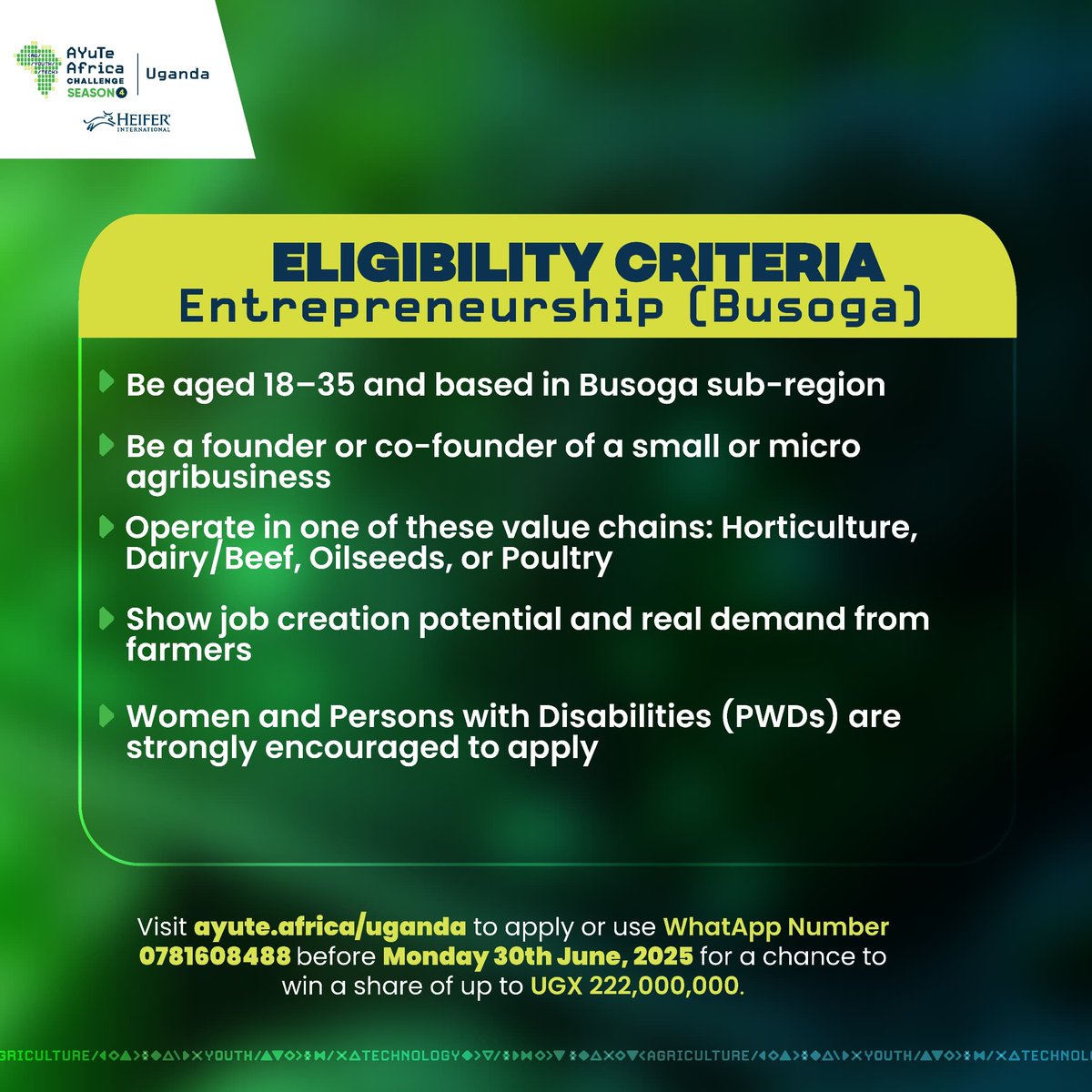 We are pleased to announce an exciting opportunity for young agripreneurs in the Busoga Region.

The AYuTe Africa Challenge Uganda invites applications from innovative entrepreneurs In Busoga Region looking to elevate their agri-businesses.

Prize Categories:

- Best Entrepreneur