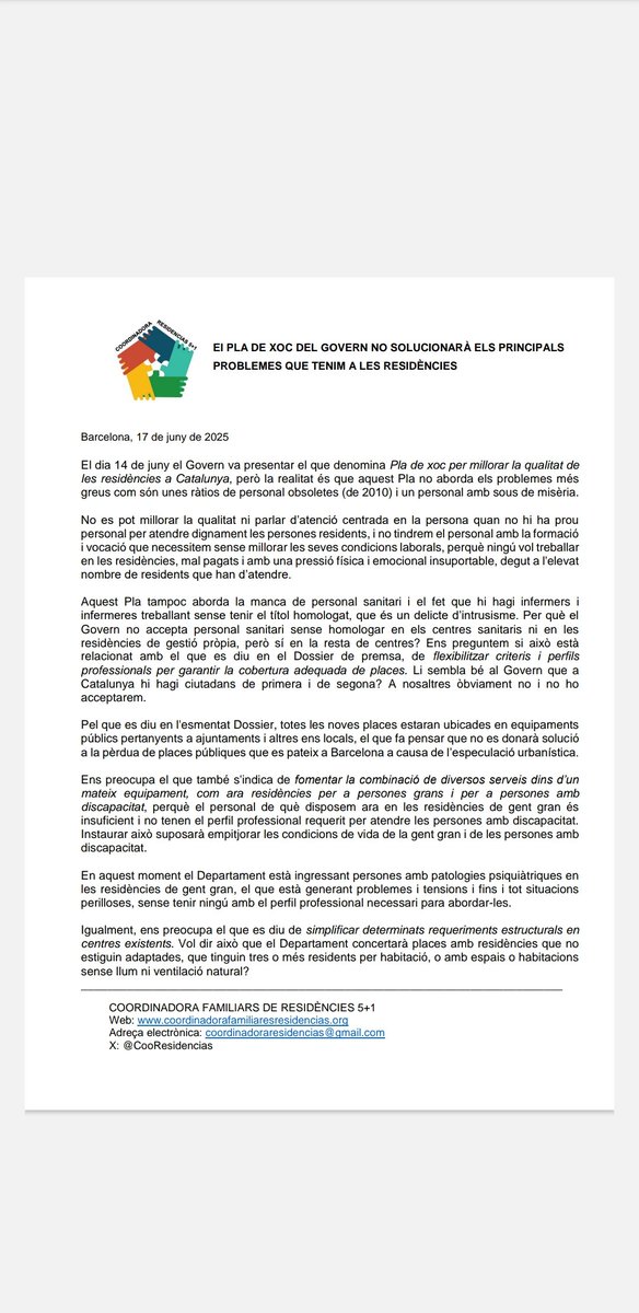 En aquesta nota de premsa expliquem per què el Pla de xoc de l'<a href="/govern/">Govern de Catalunya</a> no solucionarà els principals problemes que tenim a les residències.

📢 <a href="/dsocialscat/">Drets Socials i Inclusió</a> sabeu que sense més personal i més ben pagat no canviarà res a les residències, però sembla que no us importa gaire