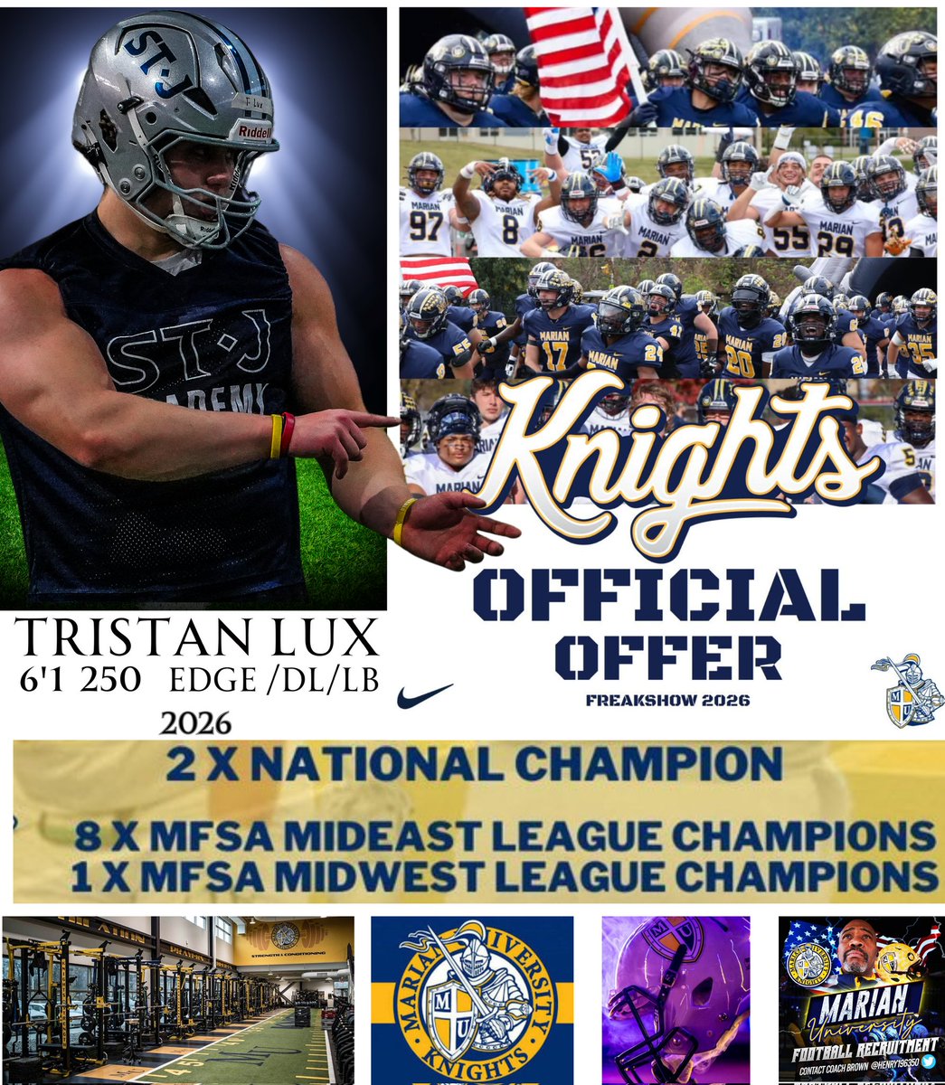 Tristan βThe Hulkβ Lux (@tristanlux1) on Twitter photo Lets Go! After a great conversation this morning with Coach <a href="/henry196350/">Coach Brown</a>, I'm blessed to receive an OFFER from Marian University! π #FreakShow2026 #RELATIONSHIPSMATTER
<a href="/MarianUFootball/">Marian Football</a> <a href="/CoachKarrasJr/">Ted Karras Jr</a> <a href="/OvertonDarryl/">Darryl Overton</a> <a href="/CoachOvertonJ/">Jeffrey Overton Sr.</a> <a href="/DMV_CALI_LBGkid/">Barron Taylor (Coach BT/PuntFactoryAU)</a> <a href="/Coach_C_99/">Cornelius Campbell Jr {Coach βCβ}</a> @rrhinocoop64 Lets Go! After a great conversation this morning with Coach <a href="/henry196350/">Coach Brown</a>, I'm blessed to receive an OFFER from Marian University! π #FreakShow2026 #RELATIONSHIPSMATTER
<a href="/MarianUFootball/">Marian Football</a> <a href="/CoachKarrasJr/">Ted Karras Jr</a> <a href="/OvertonDarryl/">Darryl Overton</a> <a href="/CoachOvertonJ/">Jeffrey Overton Sr.</a> <a href="/DMV_CALI_LBGkid/">Barron Taylor (Coach BT/PuntFactoryAU)</a> <a href="/Coach_C_99/">Cornelius Campbell Jr {Coach βCβ}</a> @rrhinocoop64