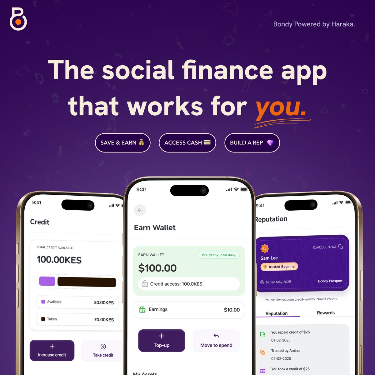 Bondy: where your money, your habits, and your network come together.

Here’s how it works 👇
💰 Save and earn 15% yield, paid daily
🔓 Access cash when needed without touching your savings
🌱 Build your reputation through real actions

Your wallet, credit access, and trust