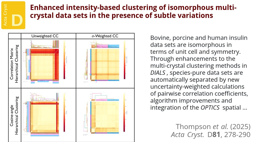 ActaCrystD's tweet image. Enhancements of the intensity-clustering algorithms available within DIALS and utilized by xia2.multiplex are described and demonstrated @ActaCrystD @IUCr #MultiCrystalDataSets #DataProcessing #Clustering doi.org/10.1107/S20597…