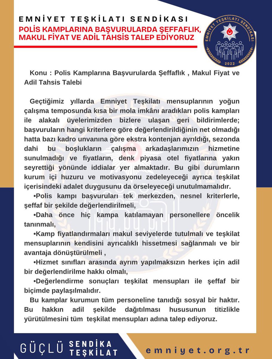 EmniyetTS's tweet photo. Emniyet Teşkilatı Sendikası olarak,
Polis kamplarına başvurularda şeffaflık, makul fiyatlandırma ve adil kontenjan dağılımına ilişkin taleplerimizi içeren açıklamamız kamuoyunun bilgisine sunulmuştur.

Tüm teşkilat mensuplarının eşit şekilde yararlanabileceği adil bir sistemin hayata geçirilmesi gerekliliğini bir kez daha vurguluyoruz. 

@TC_icisleri  @EmniyetGM 

#Poliskampları #Teşkilat #Mensuplarınındır

#Egm #Kurumyetkilisendikası
#Emniyetteşkilatısendikası
#Yetkieminellerde