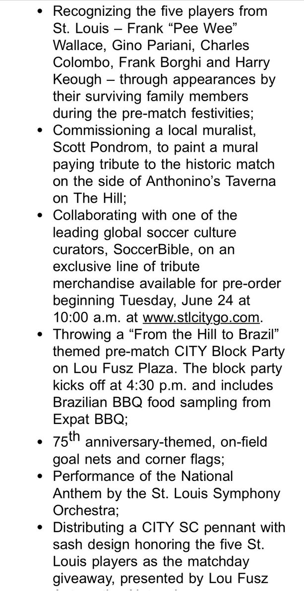 Matt Baker (@mattbakerstl) on Twitter photo The next <a href="/stlCITYsc/">St Louis CITY SC</a> match on 6/25 will be a special one for every fan of soccer in St. Louis as there will be a massive celebration honoring the 75th anniversary of “The Greatest FIFA World Cup Upset in History” and the 5 St. Louisans from The Hill on that USMNT. #AllForCITY The next <a href="/stlCITYsc/">St Louis CITY SC</a> match on 6/25 will be a special one for every fan of soccer in St. Louis as there will be a massive celebration honoring the 75th anniversary of “The Greatest FIFA World Cup Upset in History” and the 5 St. Louisans from The Hill on that USMNT. #AllForCITY