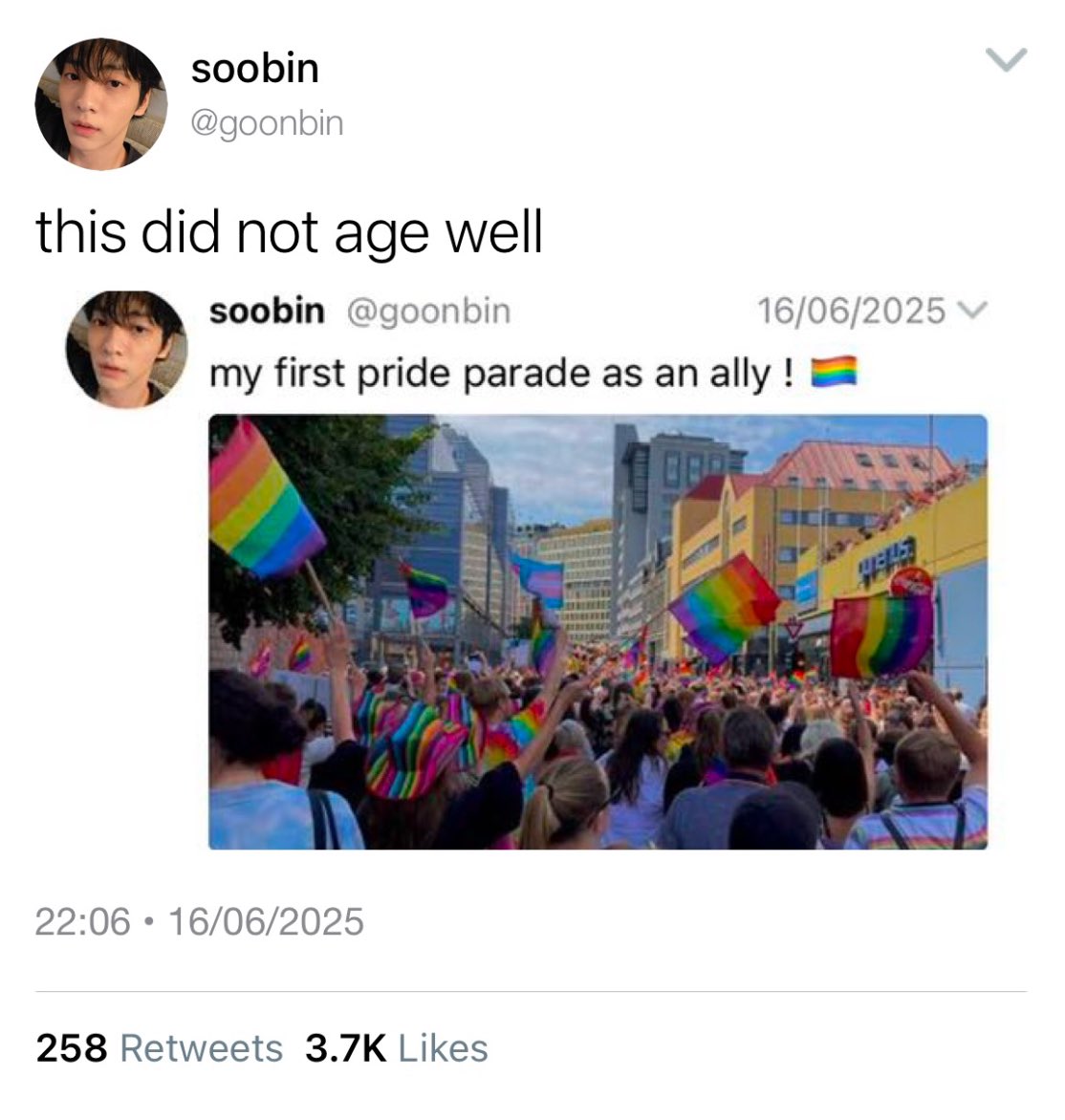 a short soogyu au where soobin attends his first pride parade as an ally not expecting that a kiss with a hot stranger will change the trajectory of his life