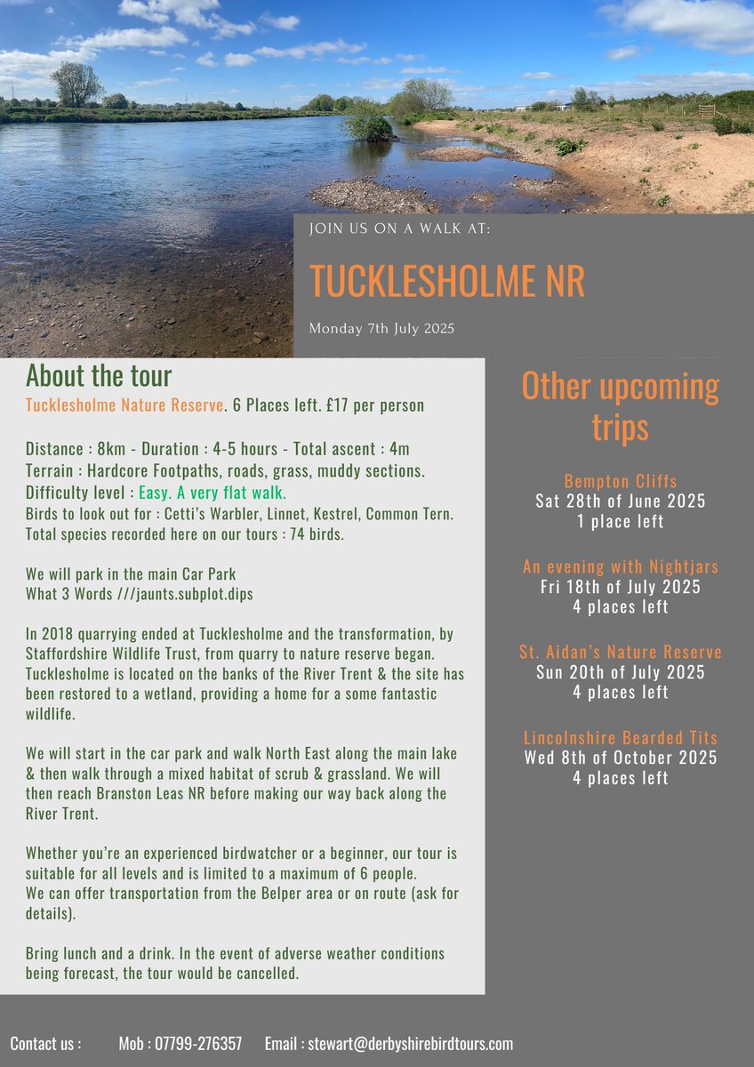 A new walk added to the website.
An easy flat walk at Tucklesholme NR.
Monday 7th July.
See below for more details or follow the link to book a place.
derbyshirebirdtours.com/service-page/t…