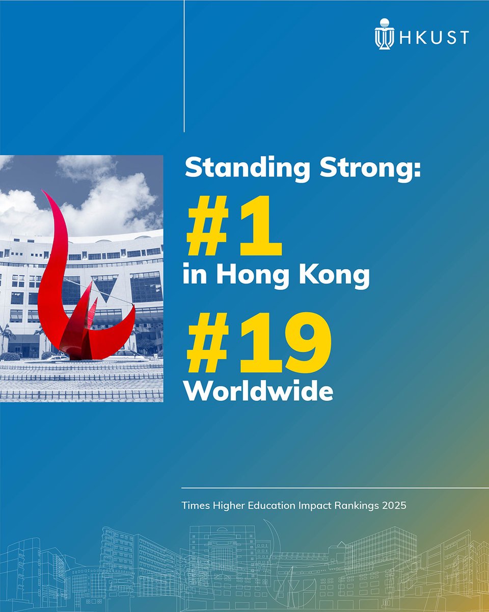 HKUST (@hkust) on Twitter photo HKUST is proud to lead and poised to impact! We’ve once again secured the #19 global position in the 2025 Times Higher Education (#THE) Impact Rankings, standing tall as Hong Kong’s top institution for the second year in a row.
From climate action to inclusive and quality HKUST is proud to lead and poised to impact! We’ve once again secured the #19 global position in the 2025 Times Higher Education (#THE) Impact Rankings, standing tall as Hong Kong’s top institution for the second year in a row.
From climate action to inclusive and quality