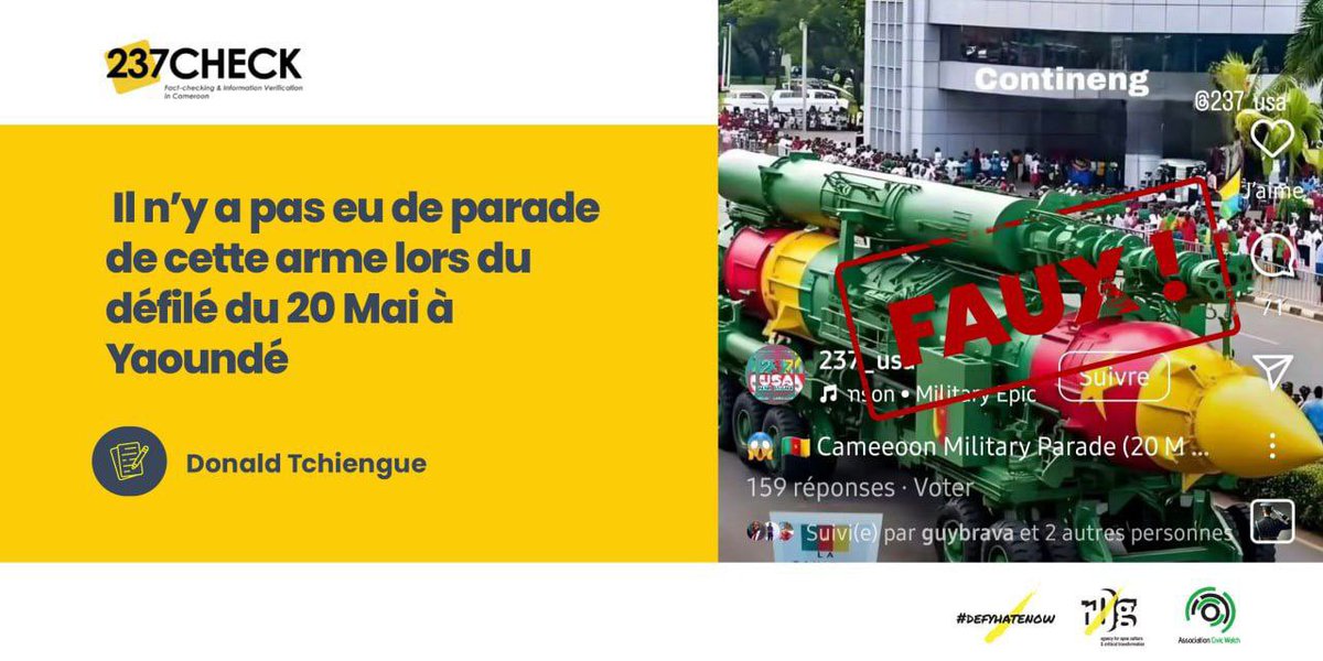 237check's tweet image. #Factchecking
Attention à la manipulation des images/videos par l'IA
Une vidéo qui circule en ligne depuis le 20 Mai 2025, celébre l'armée camerounaise avec des images generées par #IntelligenceArtificielle d'un missile balistique intercontinental.
237check.org/2025/06/17/fau…