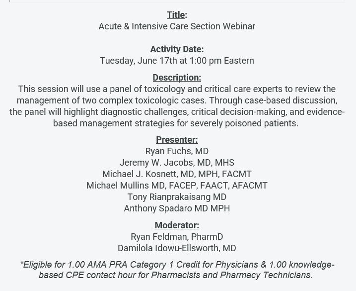 EMPoisonPharmD's tweet image. Excited to co-moderate this @AACTinfo webinar today on some topics that won't just raise your hair, but might cause you to lose it all together! Hope to see you there!