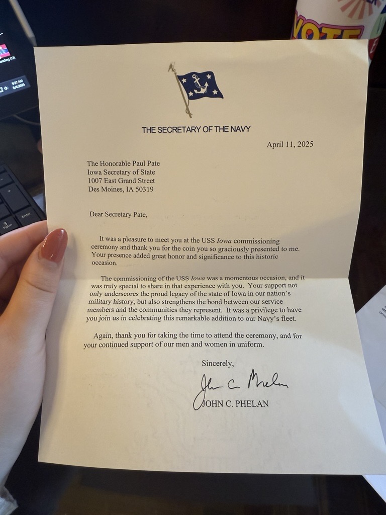 IowaSOS's tweet image. I am humbled and honored to receive a letter from Secretary of the @USNavy John C. Phelan in recognition of Iowa’s connection to the USS IOWA (SSN 797). It’s a meaningful reminder of the bond between our state and the brave men and women who serve our nation. #USSIowa