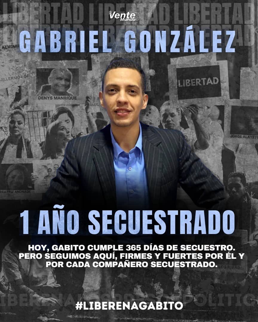 Gabriel González, miembro de <a href="/VenteVenezuela/">Vente Venezuela</a> y del <a href="/ConVzlaComando/">Comando ConVzla</a>, es periodista y un venezolano excepcional hoy cumple un año secuestrado.

Gabito no cometió ningún crimen, ES INOCENTE

Hasta que él y todos los presos políticos sean libres

#LibertadParaGabrielGonzalez