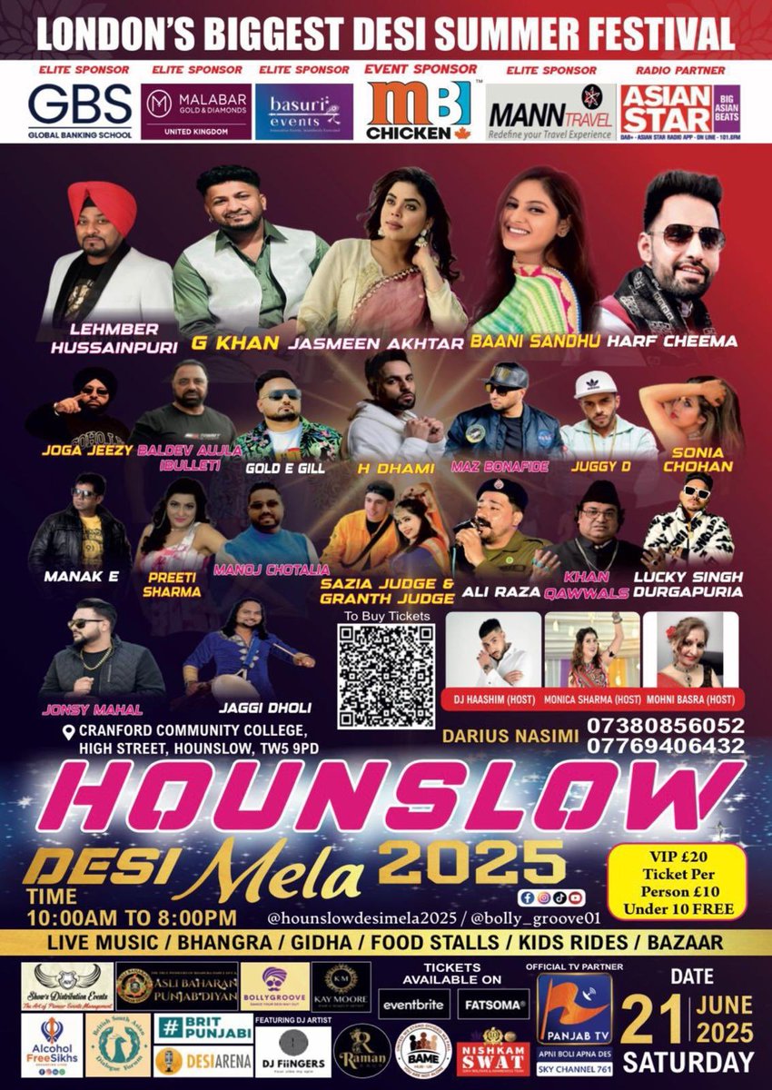 London’s Biggest Desi Summer Festival: HOUNSLOW DESI MELA 2025, taking place this Saturday, 21st June 2025, from 10:00 AM to 8:00 PM at Cranford Community College, Hounslow, TW5 9PD.

🎟️ Buy your tickets now using the dedicated link below:

21st June Hounslow Mela: