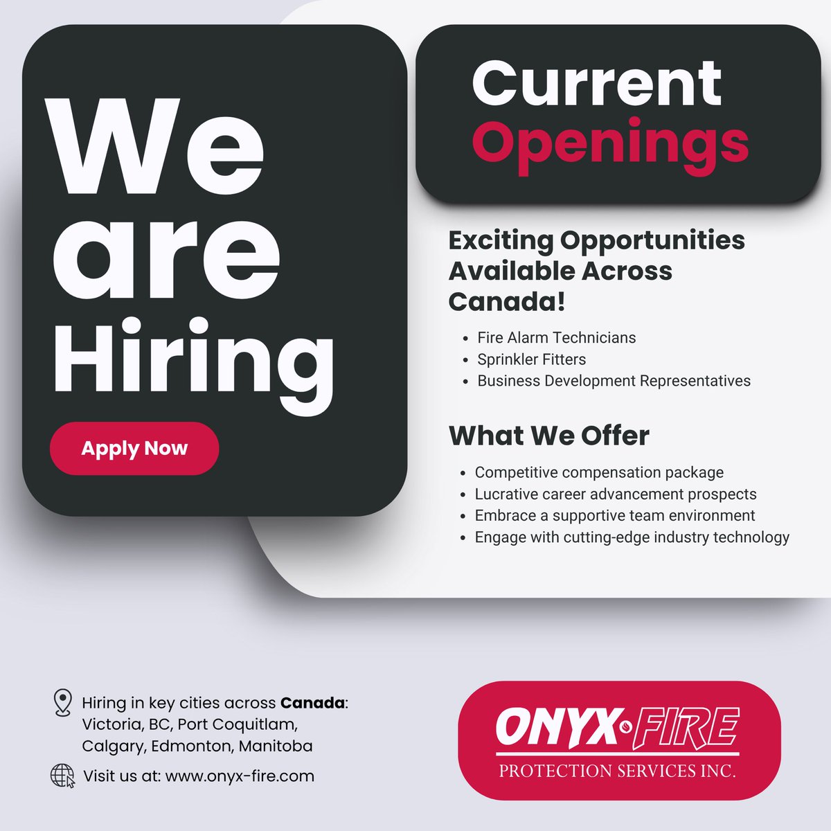 OnyxFireProtect's tweet image. 🚨 We're hiring across Canada! 🔥 Open roles:
•Fire Alarm Techs
•Sprinkler Fitters
•Biz Dev Reps
Join a team that values safety, innovation &amp;amp; growth. 💼 Apply now: onyx-fire.com/careers #OnyxFire #NowHiring #FireProtectionJobs
