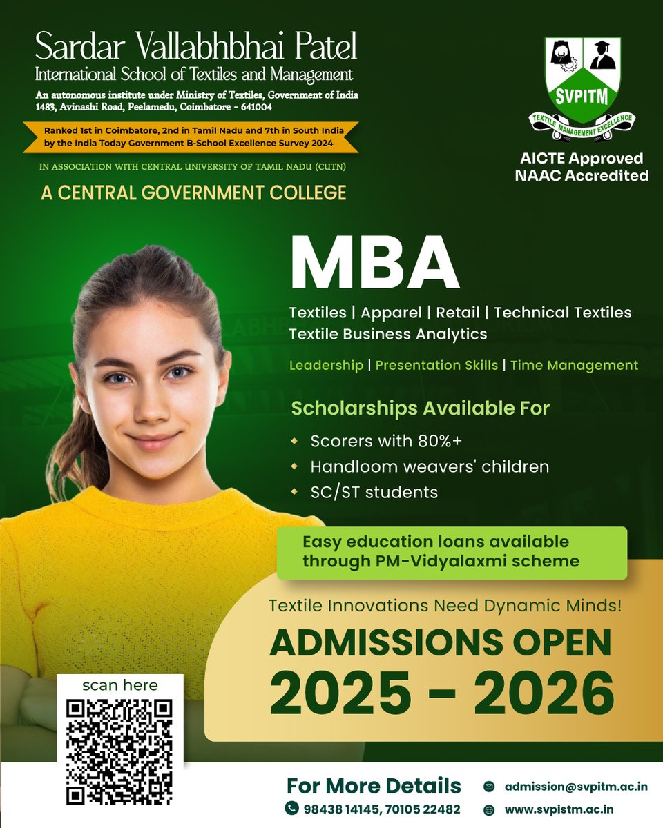 SVPITM's tweet photo. Ready to lead in textile & fashion?
Join SVPISTM – Govt-recognized MBA in Textile, Apparel, Retail & Textile Business Analytics Admissions 2025–26 are live!
Apply now: https://t.co/LRD2ARjVmv
Call: 98438 14145, 7010522482.
#SVPISTM #MBA2025 #TextileBusiness #CareerInTextiles https://t.co/rQtPl8OqBe