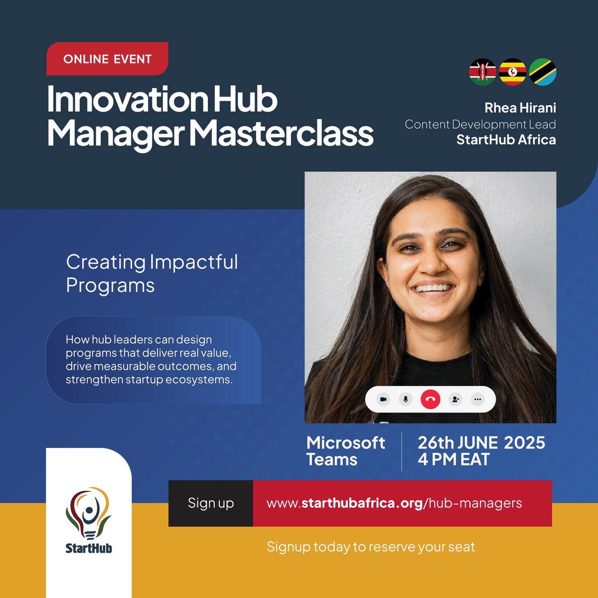 Calling all Innovation Hub Managers, Educators &amp; Ecosystem Leaders in #EastAfrica!

Join us for the next Innovation Hub Manager Masterclass. Learn how to design initiatives that add value, drive outcomes, and elevate your ecosystem

➡️ Register here: starthubafrica.org/hub-managers