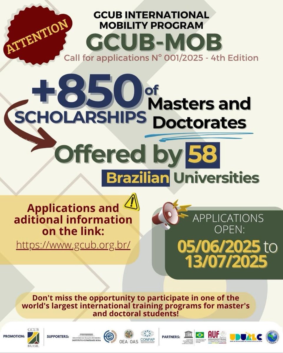 Fully Funded Opportunity!

The GCUB Scholarship is giving international students the chance to study Master’s and PhD in 🇧🇷 with full tuition covered and monthly stipends.

Application is currently open.
Deadline: 13th July, 2025.
Official Link: gcub.org.br