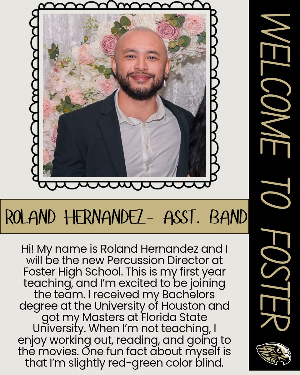 FosterHSNews's tweet image. Help us welcome Mr. Hernandez, Assistant Band Director/Percussion!