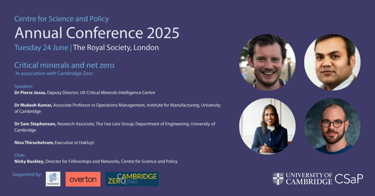 CSciPol's tweet photo. 📢 Just 1 week until the CSaP conference!

Don’t miss our panel on Critical Minerals &amp; Net Zero -  exploring the UK’s strategy, key research, and how academia can shape policy.

🗓️ 24 June | 📍 The Royal Society, London
 🔗https://t.co/PTMzd0Qcc3

Supported by @CambridgeZero https://t.co/da5xAbJndZ