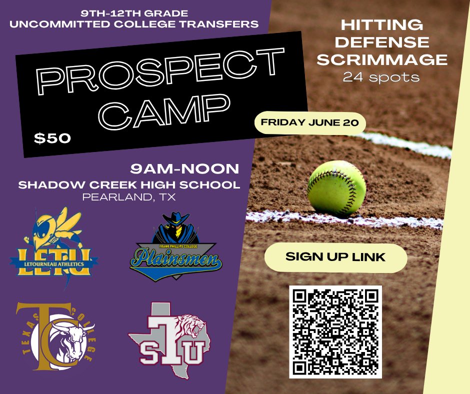 📍Greater Houston Area
Friday June 20th
9th-12th grade • uncommitted college transfers

Texas College 
Frank Phillips
Letourneau University 
Texas Southern University 

Scan the QR code to reserve your spot!