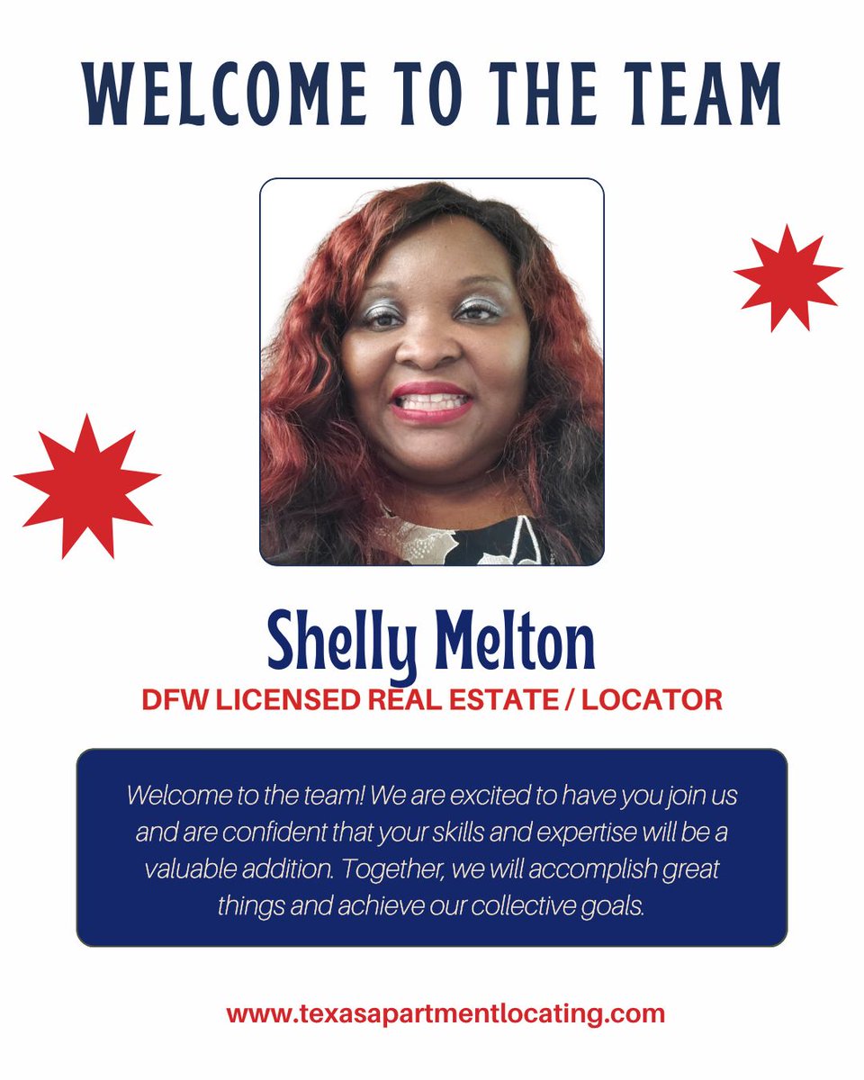 TXApartment's tweet image. 📣 Meet Shelly Melton – Your New DFW Apartment Locator! 🏡
We’re excited to welcome Shelly to the Texas Apartment Locating team! 🎉

She’s a licensed real estate agent with 15+ years of experience in apartment locatingOpportunity.

#DFWApartments #SecondChanceRentals
#BadCreditOK