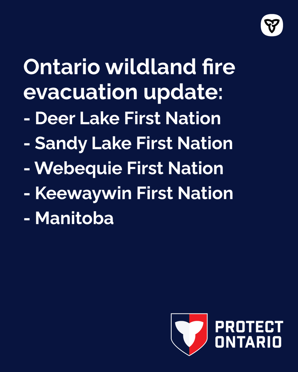 PreparedON's tweet photo. [1/3] Wildland fire evacuation update - #DeerLake, #SandyLake, #Webequie and #Keewaywin First Nations and #Manitoba as of June 16:

5,900+ evacuees are being hosted in Barrie, Cornwall, Kapuskasing, Mississauga, Toronto, Niagara, Peterborough, Sioux Lookout, and Thunder Bay. https://t.co/cpA7OenhUx