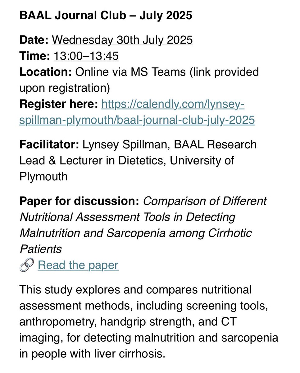BAAL Journal Club 📖 
Date: Wednesday 30th July ❗️ 
Time: 13:00 🕐 
Platform: Online MS Teams  🖥️ 

Register below! 

calendly.com/lynsey-spillma…

Paper Link: pmc.ncbi.nlm.nih.gov/articles/PMC90…