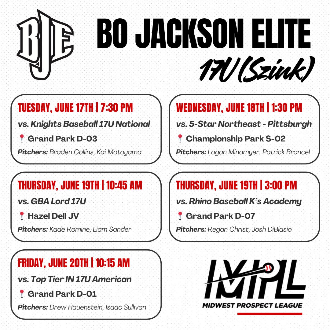 Schedule &amp; pitching rotation for this week’s MPL event in Indy 👇

<a href="/Bullpenevents/">Bullpen Tournaments</a> <a href="/BJEBaseball/">Bo Jackson Elite Baseball</a> <a href="/BJE_Recruiting/">Bo Jackson Elite Baseball Recruiting</a>