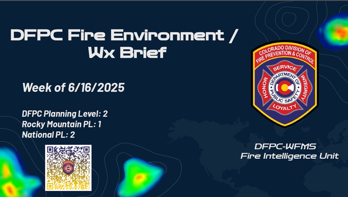 DFPC Fire Environment / Weather Brief
06/16/2025

Link to pdf of most recent brief:
bit.ly/DFPCFireEnvWxB…

Refer to the DFPC Intelligence Dashboard for in-depth fire environment and wildfire incident status tools:
bit.ly/DFPCWildfireSt…

#dfpc #dfpcfire
#FireYear2025
#cofire