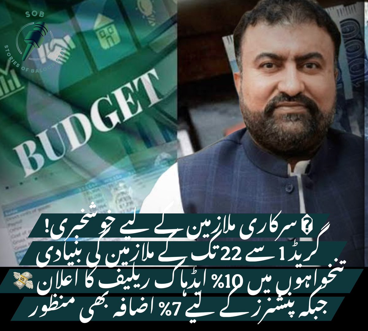 WashmaB48597's tweet photo. 📢 سرکاری ملازمین کے لیے خوشخبری!
گریڈ 1 سے 22 تک کے ملازمین کی بنیادی تنخواہوں میں 10% ایڈہاک ریلیف کا اعلان
جبکہ پنشنرز کے لیے 7% اضافہ
#سرفرازبگٹی_کا_عوامی_بجٹ
#IranUnderAttack #bbtvi https://t.co/qZkwkP8LTf