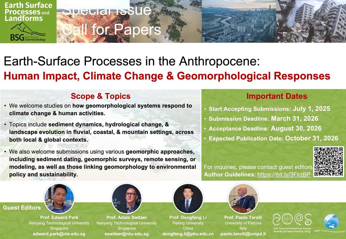 Paolo Tarolli (@tarollip) on Twitter photo π£ call for papers! Join us in this amazing π΄π±π¦π€πͺπ’π πͺπ΄π΄πΆπ¦ π
π title "Earth Surface Processes in the Anthropocene: Human Impact, Climate Change & Geomorphological Responses"
π journal: Earth Surface Processes and Landforms
π
submission deadline: March 31, 2026 π£ call for papers! Join us in this amazing π΄π±π¦π€πͺπ’π πͺπ΄π΄πΆπ¦ π
π title "Earth Surface Processes in the Anthropocene: Human Impact, Climate Change & Geomorphological Responses"
π journal: Earth Surface Processes and Landforms
π
submission deadline: March 31, 2026