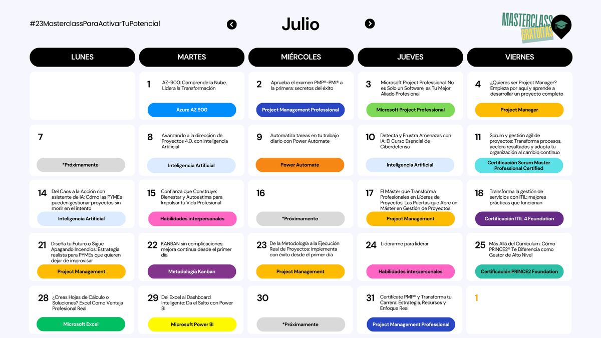 EIGPProyectos's tweet photo. 🎉 Ya está disponible el calendario oficial de nuestras #masterclass gratuitas de julio  

Un mes completo de formación online y en directo para que explores nuevas tendencias, herramientas y metodologías clave.   

🔗Consulta el calendario completo: https://t.co/GeQuLqxyqq https://t.co/V60jl2qY9B