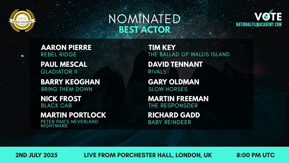 Our leading men have arrived! Check out the #BestActor nominees for the 11th #NationalFilmAwardsUK! 🎬 Register &amp; vote now at nationalfilmacademy.com #NFAUK2025