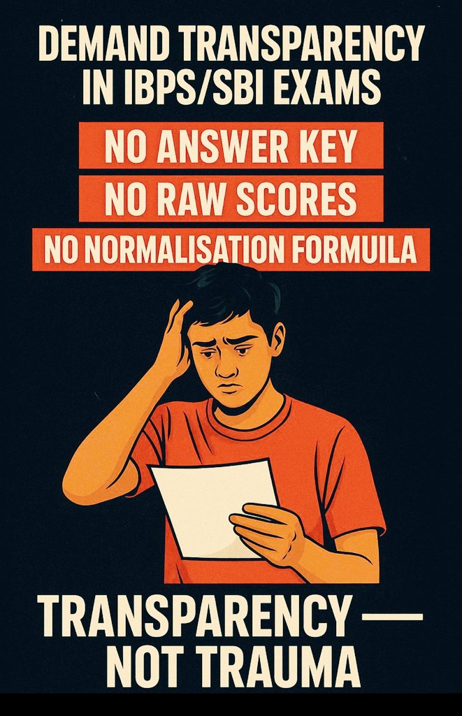 SHEETALsharmaam's tweet photo. IBPS &amp; SBI are mentally torturing students due to zero transparency. No answer key,No raw score, No transparency. Aspirants deserve transparency, not trauma. @sudhirchaudhary
@shubhankrmishra @TheLallantop @aajtak
@SushantBSinha
#unfairIBPS #releaseanswerkey #releaserawscore https://t.co/ei6dTNVSi6