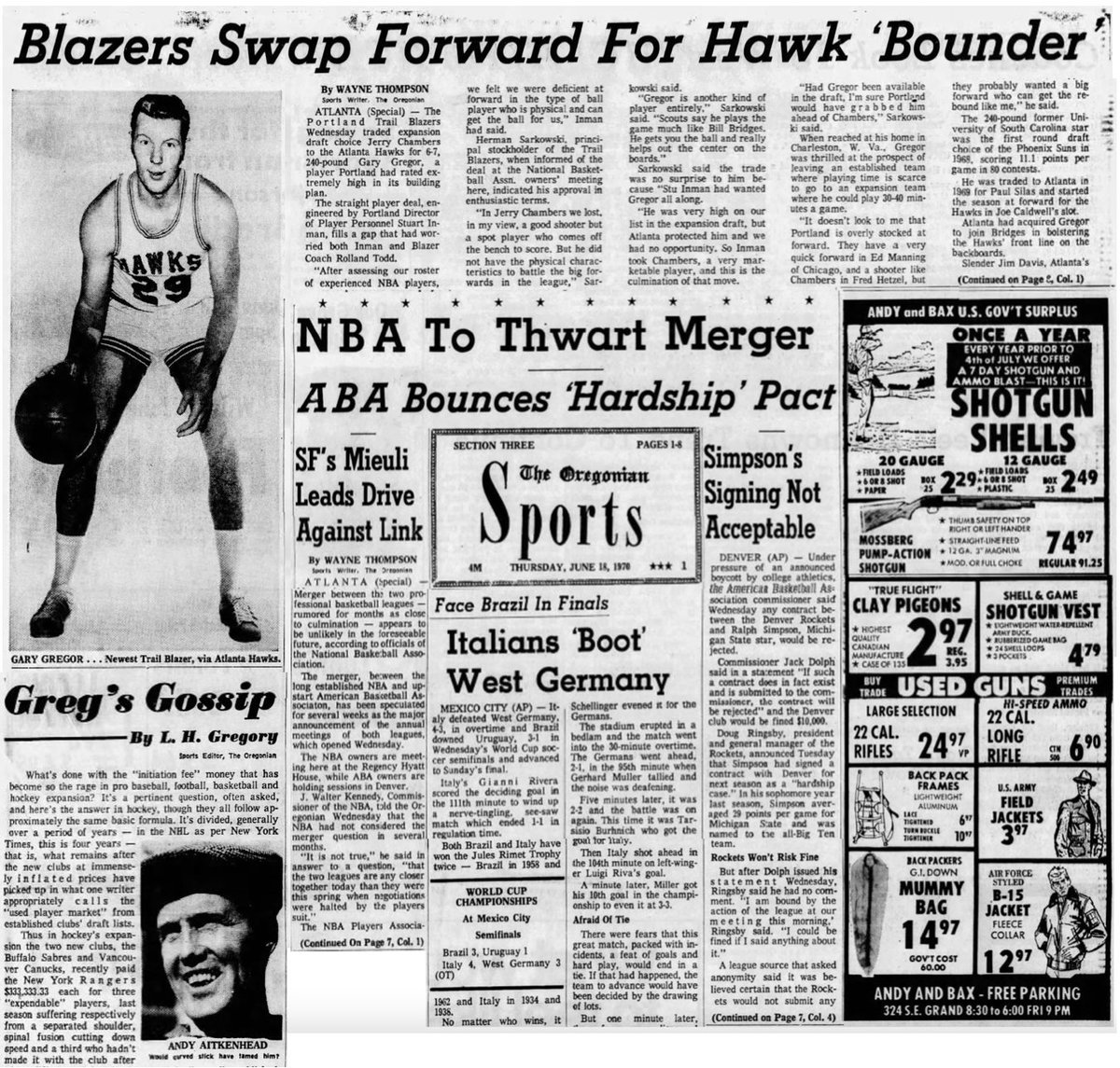 77Blazers's tweet photo. June 17, 1970 - The @trailblazers traded for a player they tried to acquire in the expansion draft.
The #Blazers traded forward #JerryChambers to the @ATLHawks for forward #GaryGregor. #Portland and #Atlanta were happy with the deal, as was Gregor, but Chambers was not too happy.
Chambers, who averaged 14 minutes in his two seasons in the @NBA, feels he won't get the playing time with the #Hawks that he would have with Portland. "I can see it right now, 15 minutes a game." said Chambers. "If I hit two baskets in a row, it might be 20 minutes. And if I miss two in a row, it might be 10 minutes."
Gregor on the other hand was elated to be coming to Portland, adding, "It looks like a good opportunity for me because Portland doesn't appeared to be over-stocked in with forward."
Chambers has a footnote in @NBAHistory as he was one of the three players traded by the @Lakers to the @sixers for #WiltChamberlain in 1968.
Interestingly, the three all had a tie-in with the Blazers. #DarrelImhoff played his final season with Portland; Chambers, who was in the @USArmy in 1968, was selected in the Expansion Draft; #ArchieClark had his playing rights traded (along with a draft pick) from the @SeattleSonics in 1975 to the @DetroitPistons, with the draft pick traded to Portland in 1978 for #WallyWalker.
#RipCity #ThisDateinBlazersHistory #OTD