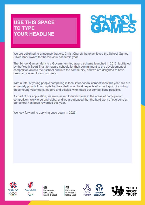CCESchool's tweet image. School Games - Silver Award! 🥈
We earned a silver award for The School Games Mark.
The School Games Mark is a government-led awards scheme launched in 2012 to reward schools for their commitment to the development of competition across their school and into the community.