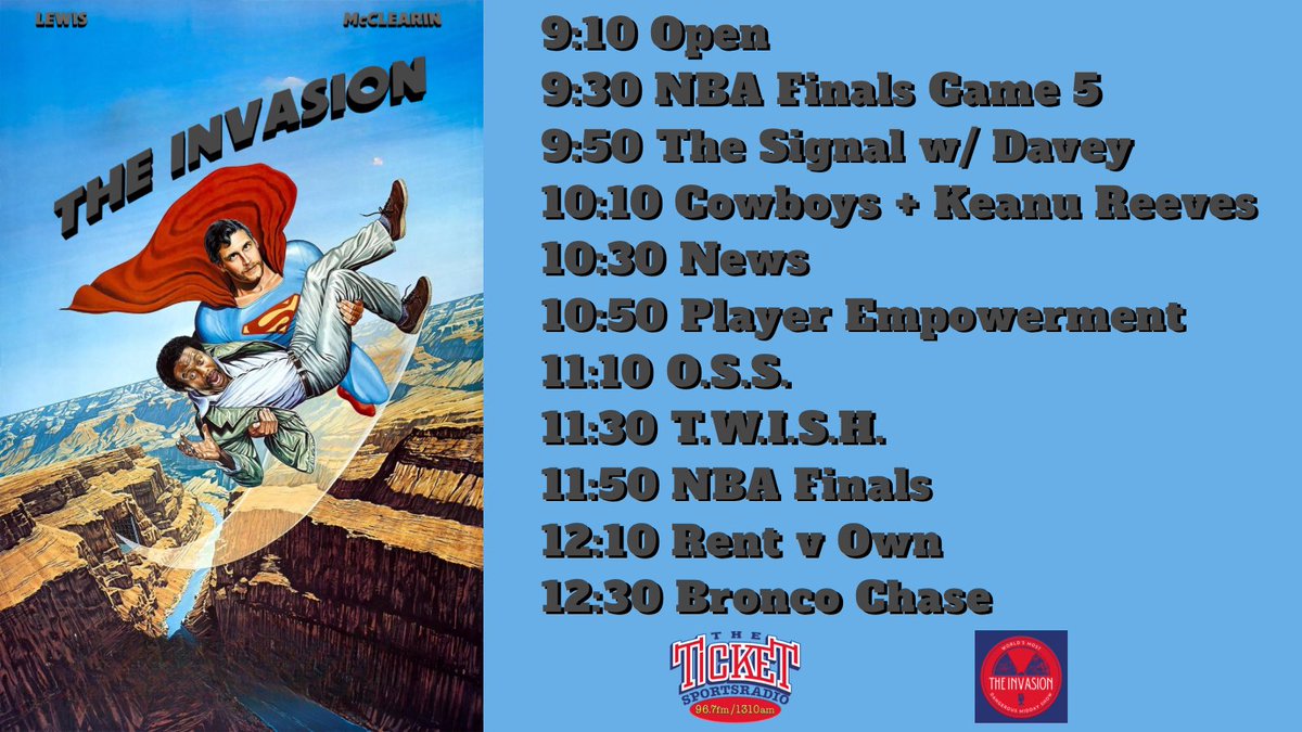 The Invasion (@invasion9til1) on Twitter photo We have a full set list of fun on tap for today. Hang with <a href="/GreatDonovan/">Donovan Lewis</a> & <a href="/McMattRadio/">Matt McClearin</a> 9-1p on <a href="/dfwticket/">96.7 The Ticket</a>. We have The Signal with <a href="/oldwaver/">dave lane</a> at 9:50, Cowboys & Keanu at 10:10 and TWISH at 11:30. Don’t miss one minute. We have a full set list of fun on tap for today. Hang with <a href="/GreatDonovan/">Donovan Lewis</a> & <a href="/McMattRadio/">Matt McClearin</a> 9-1p on <a href="/dfwticket/">96.7 The Ticket</a>. We have The Signal with <a href="/oldwaver/">dave lane</a> at 9:50, Cowboys & Keanu at 10:10 and TWISH at 11:30. Don’t miss one minute.