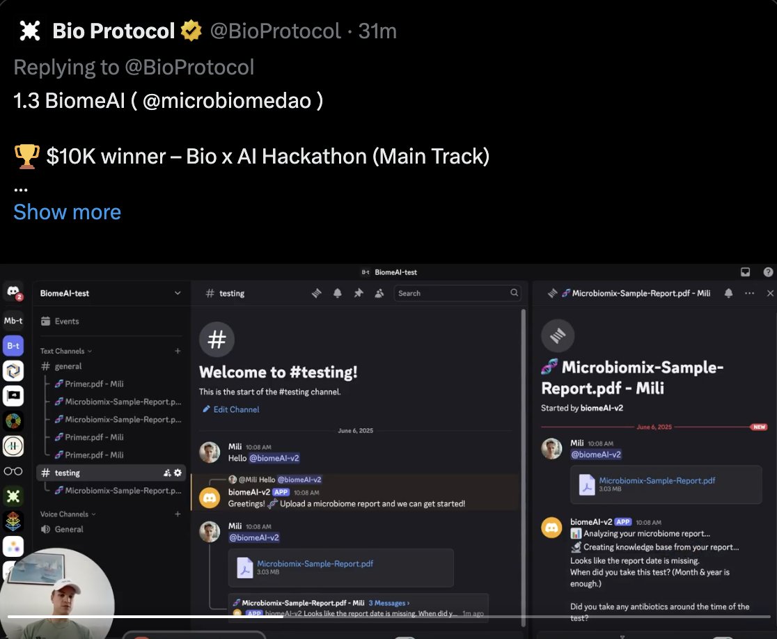 Maria Corlianò, Ph.D. (@mariacorli) on Twitter photo Huge wins for <a href="/microbiomedao/">MicrobiomeDAO</a>! 🏆 BIOMEAI, our agentic Discord bot that decodes complex microbiome reports, just won two TOP competitions.
There’s still plenty of work ahead, but recognitions like these fuel our mission and remind us why we’re building.
Congrats, team! 🌟 Huge wins for <a href="/microbiomedao/">MicrobiomeDAO</a>! 🏆 BIOMEAI, our agentic Discord bot that decodes complex microbiome reports, just won two TOP competitions.
There’s still plenty of work ahead, but recognitions like these fuel our mission and remind us why we’re building.
Congrats, team! 🌟