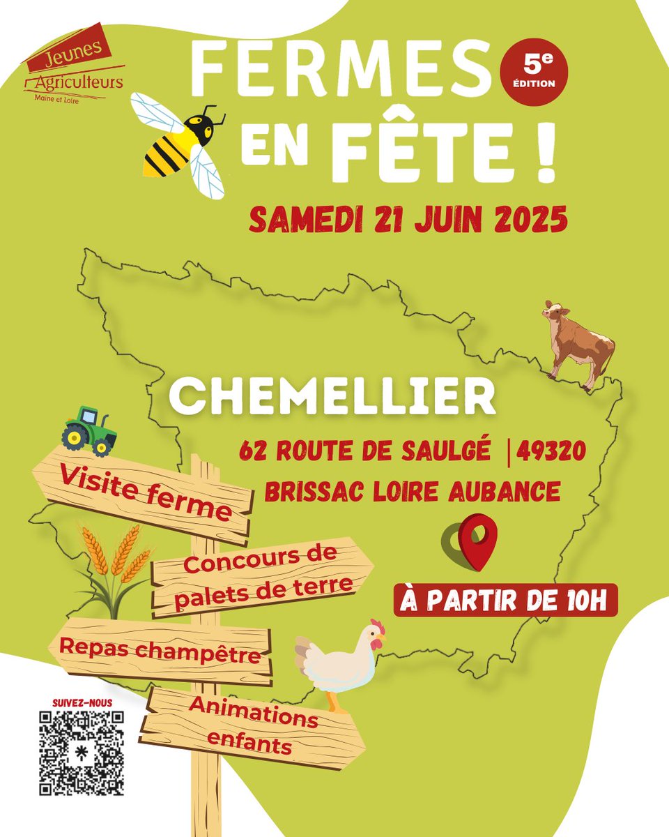 🎉 Fermes en Fête – À Chemellier !
📍 Le 21 juin chez Paul Asseray (62 route de Saulgé, Brissac) au programme : Visite de ferme , Parcours de tracteurs à pédales, Maquillage, Concours de palet de terre, Restauration sur place
👉 Dès 10h, en famille !